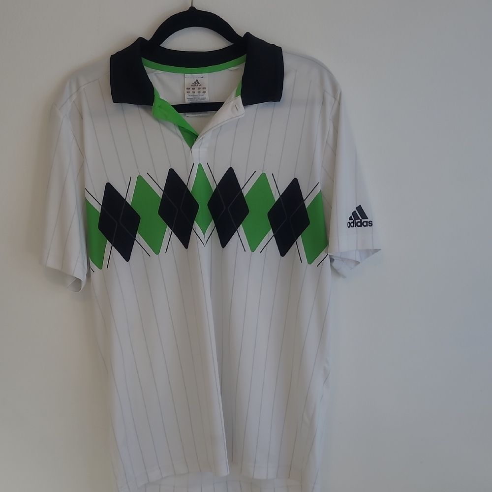 Adidas Shirt Men's Large Short Sleeve Polo with Green and Black Pattern